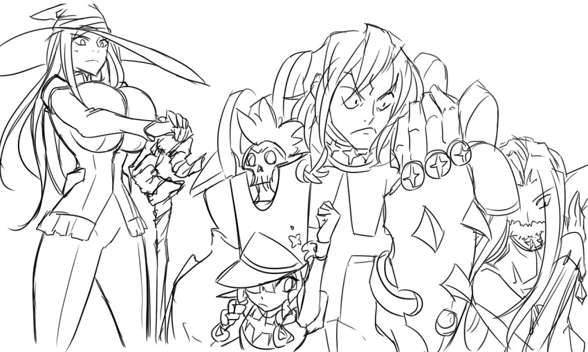 2boys 2girls breasts cosplay dragon&#039;s_crown elf_(dragon&#039;s_crown) fighter_(dragon&#039;s_crown) gamagoori_ira gamagoori_ira_(cosplay) greyscale hat huge_breasts inumuta_houka inumuta_houka_(cosplay) jakuzure_nonon jakuzure_nonon_(cosplay) kill_la_kill kiryuuin_satsuki kiryuuin_satsuki_(cosplay) long_hair matsu-sensei monochrome multiple_boys multiple_girls parody shako_cap sketch skull sorceress_(dragon&#039;s_crown) vanillaware witch_hat wizard_(dragon&#039;s_crown)