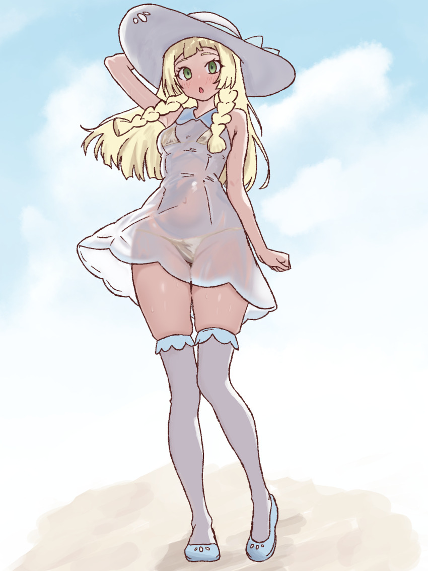 1girl arm_at_side arm_up armpit_crease bare_arms bare_shoulders bikini bikini_under_clothes blonde_hair blue_bow blue_shoes blue_sky blush bow braid breasts clenched_hand cloud collared_dress commentary covered_groin covered_navel creatures_(company) day dress full_body game_freak gold_bikini green_eyes hat hat_bow heel_up highres lillie_(pokemon) long_hair looking_at_viewer nintendo outdoors parted_lips peace_peace009 pokemon pokemon_sm sand see-through_clothes see-through_dress shoes skindentation sky sleeveless sleeveless_dress small_breasts solo standing string_bikini sun_hat swimsuit thighhighs twin_braids white_dress white_hat white_thighhighs