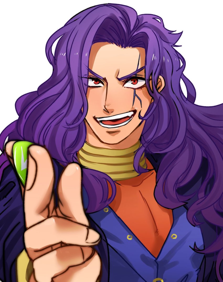1boy blurry depth_of_field fangs highres jojo_no_kimyou_na_bouken kuroi_kemono long_hair male_focus open_mouth otoishi_akira plectrum purple_hair red_eyes scar scar_across_eye scar_on_face smile solo upper_body