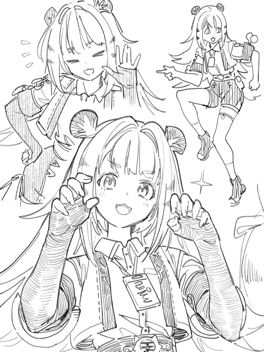 &gt;_&lt; 1girl animal_ears claw_pose commentary_request ddal elbow_gloves fingerless_gloves gloves greyscale hand_on_own_hip highres ju_fufu lanyard long_hair monochrome multiple_views notice_lines paw_pose sketch sparkle tiger_ears tiger_girl zenless_zone_zero