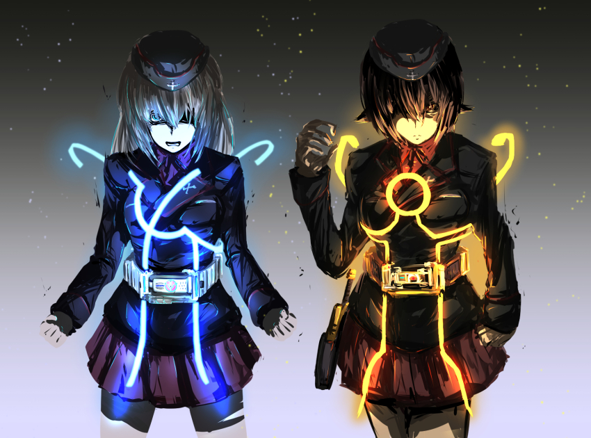 2girls belt black_hat black_jacket blue_eyes brown_eyes brown_hair clenched_hand clenched_hands closed_mouth commentary cosplay cowboy_shot dress_shirt frown garrison_cap girls_und_panzer grey_background grey_hair hat highres insignia itsumi_erika jacket kabutowari kamen_rider kamen_rider_(1st_series) kamen_rider_orga kamen_rider_orga_(cosplay) kamen_rider_psyga kamen_rider_psyga_(cosplay) kuromorimine_military_uniform long_sleeves looking_at_viewer medium_hair military_hat military_uniform miniskirt multiple_girls nishizumi_maho open_mouth pleated_skirt red_shirt red_skirt shirt short_hair skirt standing wing_collar
