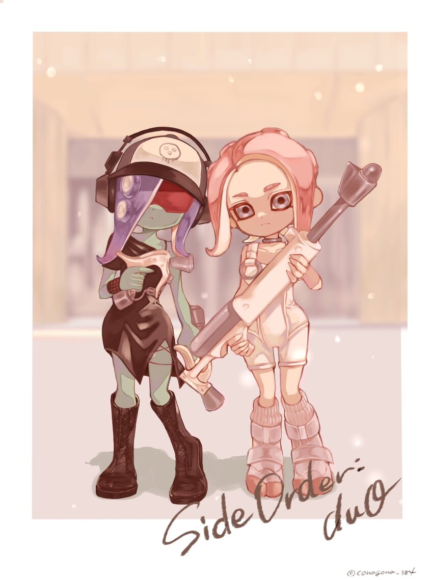 2girls agent_8_(splatoon) baseball_cap black_dress black_footwear blue_hair blurry blurry_background bodysuit boots border closed_mouth colored_skin commentary conagona_384 copyright_name cross-laced_slit dedf1sh dress english_commentary green_skin gun hat headphones headphones_over_headwear highres holding holding_gun holding_weapon long_hair multiple_girls nintendo octoling octoling_girl octoling_player_character order_charger_(splatoon) order_dualies_(splatoon) outside_border print_headwear red-tinted_eyewear sanitized_(splatoon) sleeveless sleeveless_bodysuit socks splatoon_(series) splatoon_3 splatoon_3:_side_order sunglasses tentacle_hair tinted_eyewear weapon white_bodysuit white_border white_footwear white_socks