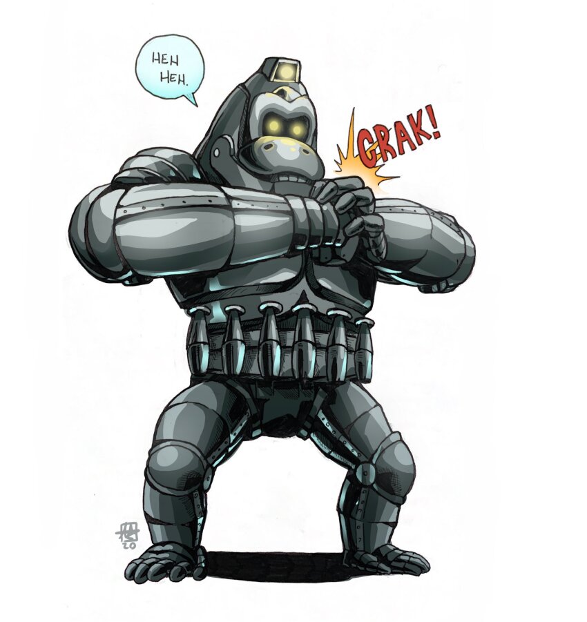 alex_alcanter ape belt bomb cracking_knuckles explosive explosive_weapon glowing glowing_eyes gorilla grenade hand_grenade highres kaiju king_kong_(series) king_kong_escapes mecha mechani-kong no_humans no_pupils rankin/bass_animated_entertainment robot simple_background teeth toho utility_belt weapon white_background yellow_eyes