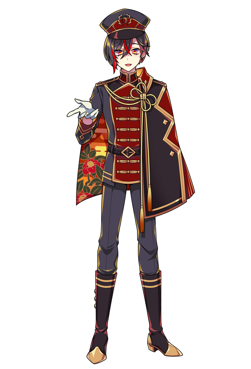 1boy belt belt_buckle black_boots black_hair boots buckle cloak commentary_request earrings floral_print full_body gloves grey_pants high_heel_boots high_heels highres jewelry looking_at_viewer military_uniform multicolored_eyes multicolored_hair open_hand open_mouth pants purple_eyes red_pupils red_streaks seigaiha short_hair solo streaked_hair taishou two-sided_cloak two-sided_fabric vocaloid vy2 white_background white_gloves yanoko yellow_eyes