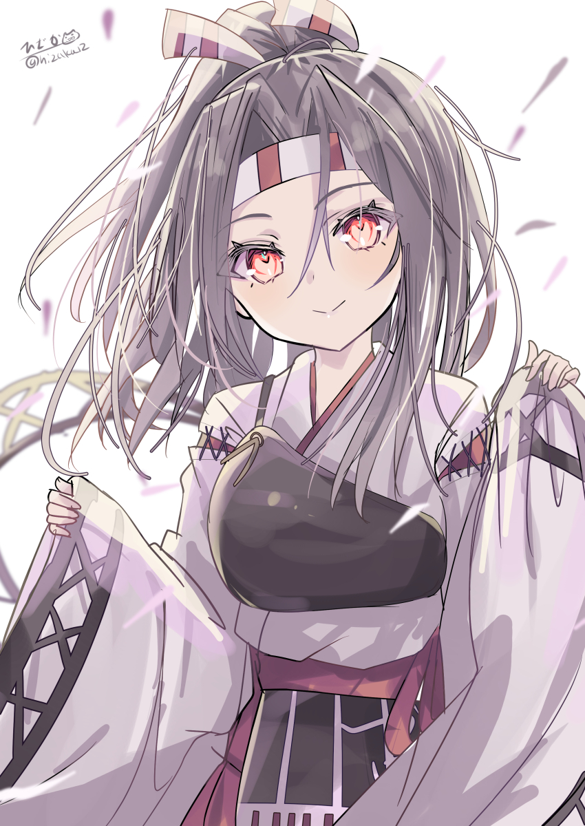 1girl absurdres brown_hair flight_deck hachimaki hair_intakes headband highres hizaka kantai_collection long_hair looking_at_viewer muneate ponytail red_eyes smile solo twitter_username upper_body wide_sleeves zuihou_(kancolle) zuihou_kai_ni_(kancolle)