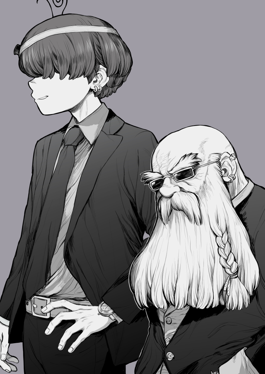 2boys absurdres bald beard belt black_jacket black_pants braid braided_beard brown_hair dr._stone facial_hair greyscale hair_over_eyes hand_on_own_hip highres jacket joel_gear kaseki_(dr._stone) long_beard medium_hair monochrome multiple_boys necktie old old_man open_mouth pants shirt smile very_long_beard watch white_belt white_shirt wristwatch