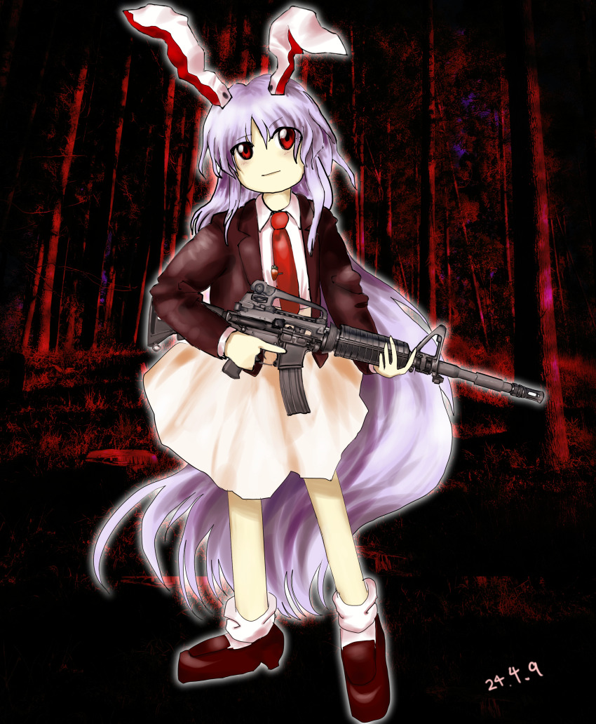 1girl :| absurdres animal_ears ar-15 black_jacket blazer bobby_socks carrot_pin closed_mouth collared_shirt dated forest gun head_tilt highres holding holding_gun holding_weapon jacket loafers long_hair long_sleeves nature necktie photo_background purple_hair rabbit_ears rabbit_girl red_background red_eyes red_necktie reisen_udongein_inaba rifle shirt shoes skirt socks solo touhou tree trigger_discipline very_long_hair weapon white_shirt white_socks yukine_0930 zun_(style)