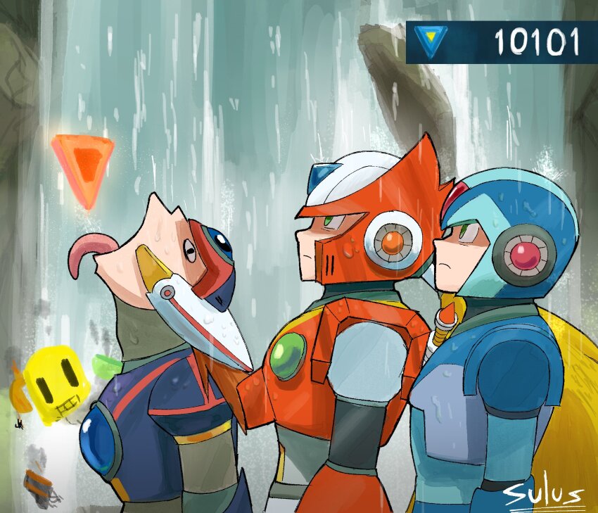 3boys axl_(mega_man) blonde_hair blue_eyes commentary day english_commentary frown goku_and_vegeta_in_the_rain_(meme) green_eyes helmet highres in-universe_location long_hair looking_up male_focus mega_man_(series) mega_man_x8 mega_man_x_(series) meme multiple_boys outdoors sulus_spir1t tongue tongue_out water waterfall x_(mega_man) zero_(mega_man)