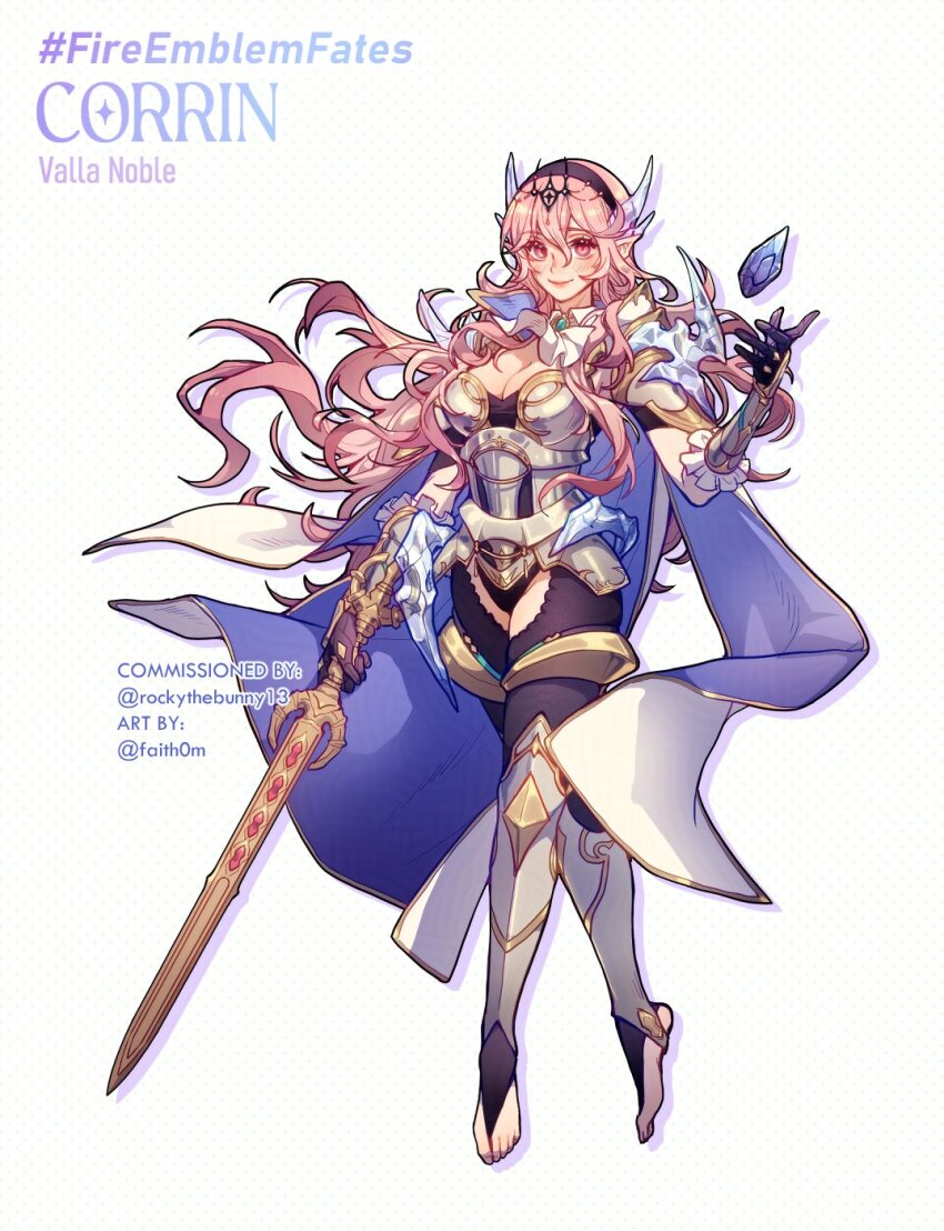 1girl armor barefoot black_hairband breasts brooch cape cleavage commentary commission female_corrin_(fire_emblem) crown double-parted_bangs english_commentary english_text faithom feather_hair_ornament feathers fire_emblem fire_emblem_fates floating_hair full_armor full_body gloves hair_between_eyes hair_ornament hairband highres holding holding_sword holding_weapon jewelry large_breasts long_hair looking_at_viewer nintendo pink_hair pointy_ears red_eyes simple_background smile solo sword weapon white_background yato_(fire_emblem)