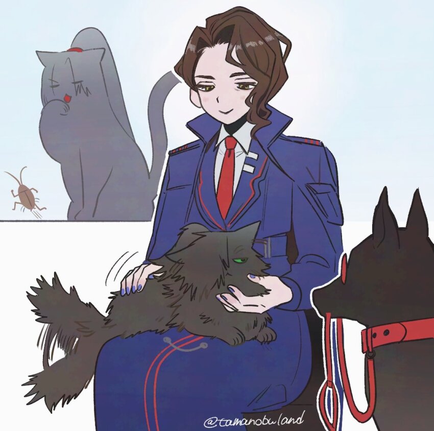 1girl animal animal_collar animal_on_lap animalization aseah_(project_moon) blue_cape blue_coat bug cape cat cat_on_lap coat cockroach collar dog gubo_(project_moon) hermann_(project_moon) insect jia_huan_(project_moon) leash limbus_company necktie on_lap petting project_moon red-tinted_eyewear red_necktie shirt simple_background sunglasses tama_launcher tinted_eyewear twitter_username white_background white_shirt