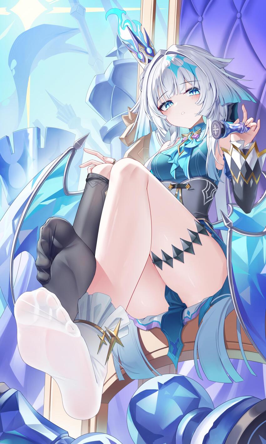 1girl absurdres asymmetrical_legwear blue_eyes blush cerydra_(honkai:_star_rail) feet highres honkai:_star_rail honkai_(series) jndfh long_hair looking_at_viewer mismatched_legwear parted_lips revision see-through_clothes see-through_legwear socks soles toes white_hair