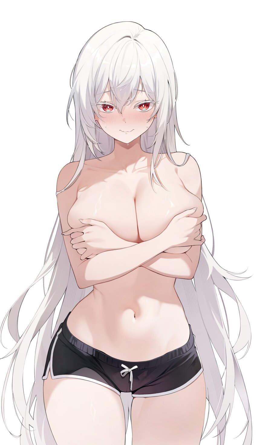1girl absurdres black_shorts blush breasts bright_pupils chukibabo2 cleavage colored_eyelashes covering_breasts covering_privates cowboy_shot dolphin_shorts drawstring embarrassed highres large_breasts long_hair looking_at_viewer navel nose_blush original red_eyes short_shorts shorts simple_background smile solo stomach thighs topless_female very_long_hair wavy_mouth white_background white_eyelashes white_hair yurnil
