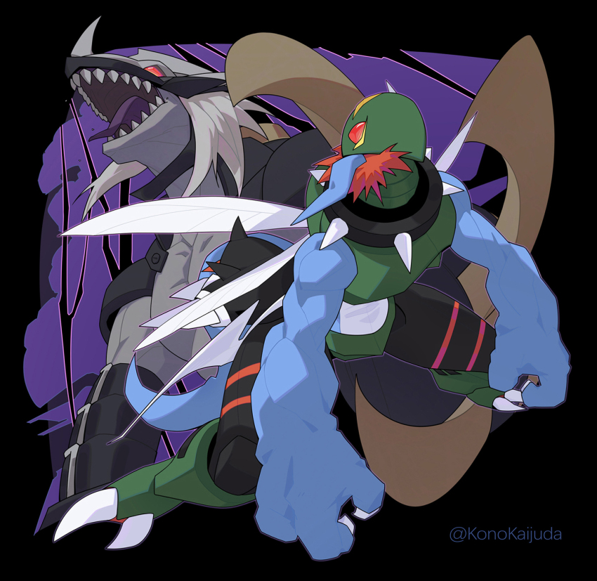 armor claws digimon digimon_(creature) dinobeemon highres imperialdramon imperialdramon_dragon_mode_(black) red_eyes sharp_teeth teeth wings