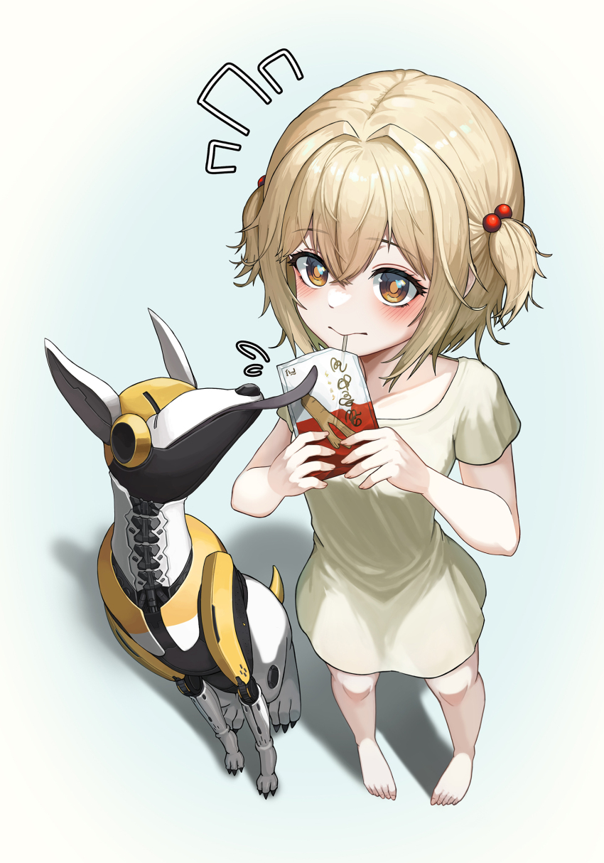 1girl barefoot blonde_hair blue_background blush brown_hair close-up closed_mouth collarbone commentary crossed_bangs double-parted_bangs dress dress_shirt drink drinking_straw english_commentary eyelashes flying_sweatdrops from_above full_body goddess_of_victory:_nikke gradient_background hair_between_eyes hair_intakes hair_ornament hairpin highres holding holding_drink legs liter_(nikke) looking_at_viewer looking_to_the_side looking_up non-humanoid_robot notice_lines outline petite robot robot_animal robot_dog sagle shadow shirt short_hair short_twintails solo square_neckline standing toes tongue tongue_out twintails white_outline yellow_dress yellow_eyes yellow_shirt