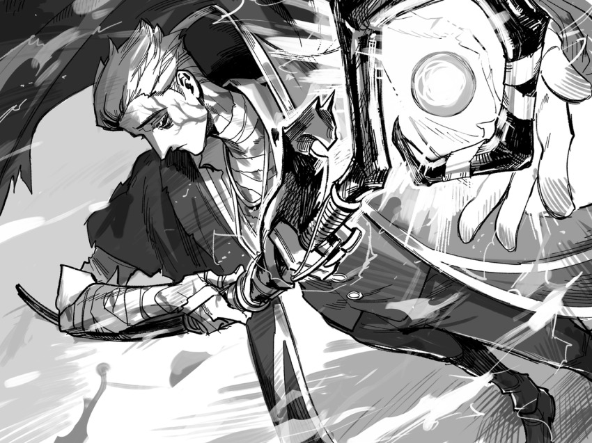 1boy alva_lorenz bandaged_arm bandaged_neck bandages closed_mouth coat colored_sclera electricity foot_out_of_frame glowing greyscale hair_slicked_back holding holding_staff identity_v looking_ahead male_focus michiru_(amphibian) monochrome navel pants scar scar_on_face scar_on_hand shoes short_hair sleeveless sleeveless_coat solo staff standing torn_clothes vest