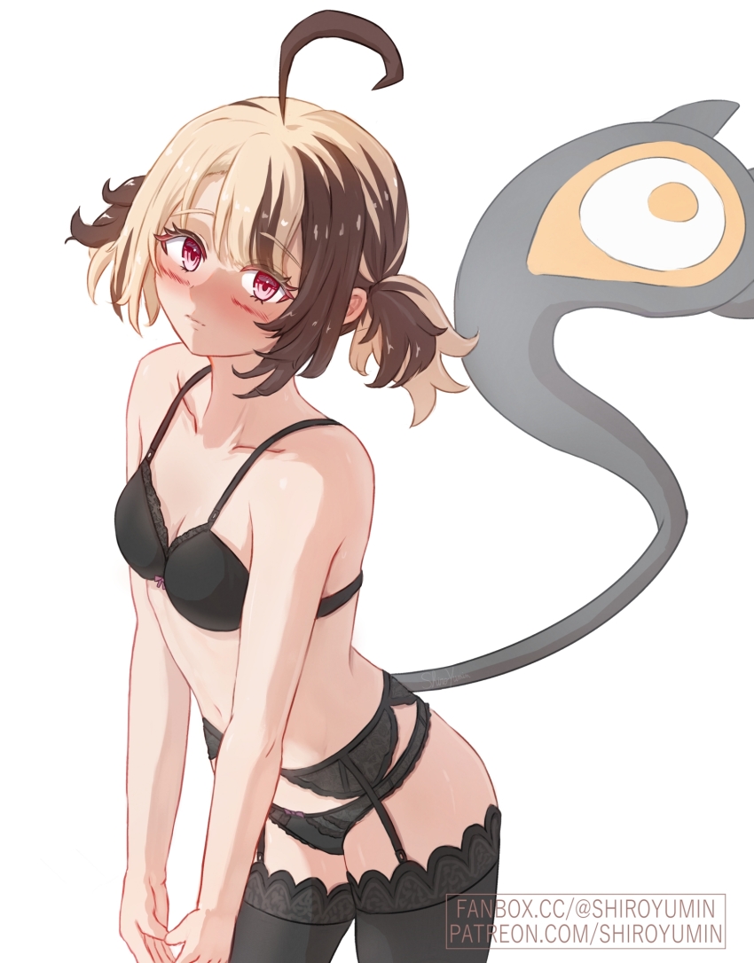 1girl ahoge alternate_costume black_bra black_panties black_thighhighs blonde_hair blush bra breasts brown_hair garter_straps gigi_murin highres hololive hololive_english looking_at_viewer multicolored_hair panties pink_eyes shiroyumin simple_background small_breasts solo tail thighhighs two-tone_hair underwear virtual_youtuber white_background