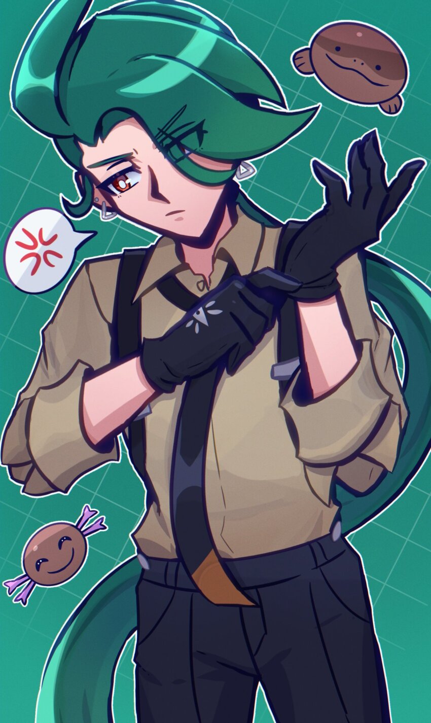 1girl ahoge androgynous anger_vein asymmetrical_bangs black_gloves black_necktie black_pants bright_pupils clodsire closed_mouth collared_shirt creatures_(company) ear_piercing earrings game_freak glove_pull gloves green_background green_hair grey_shirt highres jewelry long_hair lunatuneflowers necktie nintendo paldean_wooper pants piercing pokemon pokemon_sv ponytail red_eyes reverse_trap rika_(pokemon) shirt sleeves_rolled_up spoken_anger_vein suspenders triangle_earrings white_pupils