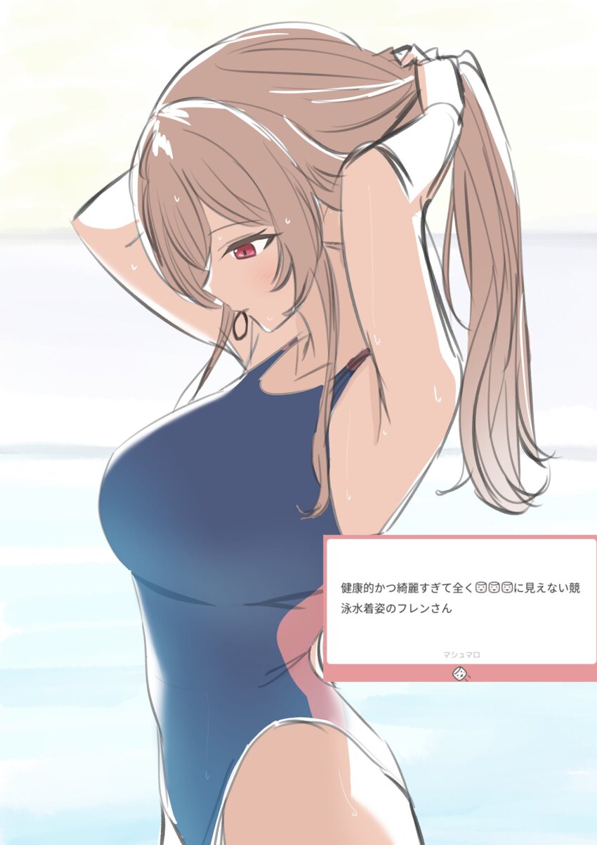 1girl blue_one-piece_swimsuit breasts brown_hair collarbone comb competition_swimsuit cowboy_shot furen_e_lustario highres holding holding_comb long_hair medium_breasts nijisanji one-piece_swimsuit ponytail red_eyes shu_mascarat solo swimsuit virtual_youtuber white_background