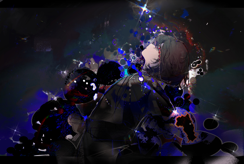 1boy abstract_background absurdres alternate_costume black_hair black_sash black_shirt chinese_commentary commentary_request from_side head_back heibaihuabing highres isoi_haruki letterboxed male_focus outside_border parted_lips saibou_shinkyoku sash shirt short_hair solo upper_body