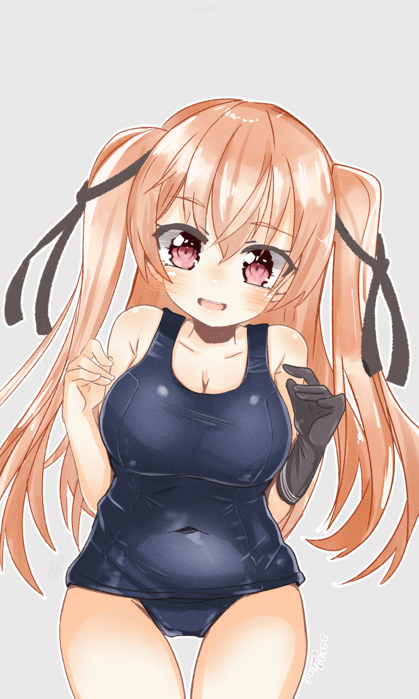 1girl arms_behind_head black_gloves blue_one-piece_swimsuit blush breasts brown_eyes brown_hair cleavage covered_navel gloves gluteal_fold highres johnston_(kancolle) kantai_collection large_breasts long_hair looking_at_viewer mf_u_c one-piece_swimsuit single_glove swimsuit two_side_up