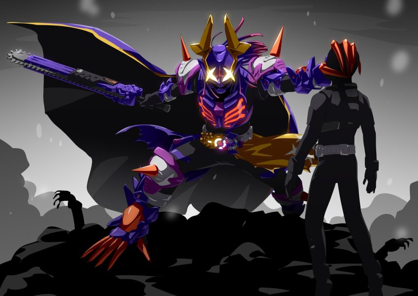 1boy 1girl 1other alternate_eye_color armor armored_gloves black_background black_bodysuit black_gloves bodysuit buffalo bull cape chainsaw claw_(weapon) clenched_hands commentary_request cowboy_shot defeat desire_driver dual_wielding exhaust_pipe fake_tail fever_buckle fever_zombie_form gloves glowing glowing_eyes gold_horns gradient_hair highres holding holding_weapon horns imminent_hit kamen_rider kamen_rider_buffa kamen_rider_geats_(series) knee_spikes long_hair looking_at_viewer male_focus mask mechanical_hands mechabare multicolored_hair otokamu pile purple_armor purple_cape purple_hair purple_headwear purple_scarf raise_buckle red_hair redesign scarf shoulder_spikes single_mechanical_hand skull solo spikes spread_legs sword tail tokusatsu wall water_buffalo weapon white_scarf yellow_eyes zombie zombie_breaker zombie_buckle