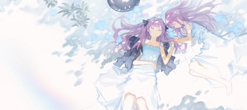 absurdres aikawa_megumi black_jacket dress green_eyes heaven_burns_red highres holding_hands jacket kunimi_tama long_hair lying narvy_(heaven_burns_red) on_back on_side pink_hair playindraw snow two_side_up white_dress yuri