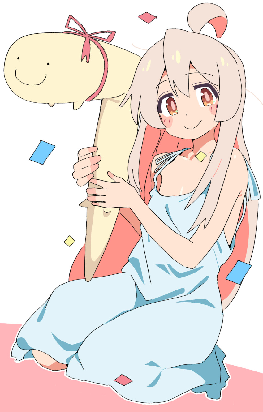 1girl ahoge bare_arms bare_shoulders blush_stickers brown_eyes c: commentary confetti dress full_body genderswap genderswap_(mtf) hair_between_eyes highres long_hair looking_at_viewer noyama_takenoko onii-chan_wa_oshimai! oyama_mahiro pink_hair simple_background sitting sleeveless sleeveless_dress smile solo very_long_hair white_background white_dress