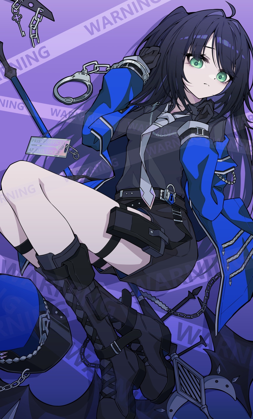 abigail_(black_survival) absurdres black_boots black_hair black_shirt black_skirt black_survival blue_jacket boots cuffs eternal_return:_black_survival green_eyes grey_necktie handcuffs highres holster jacket knee_boots long_hair necktie shirt skirt thigh_holster thighs xueding&#039;e_de_chou_xiongmao