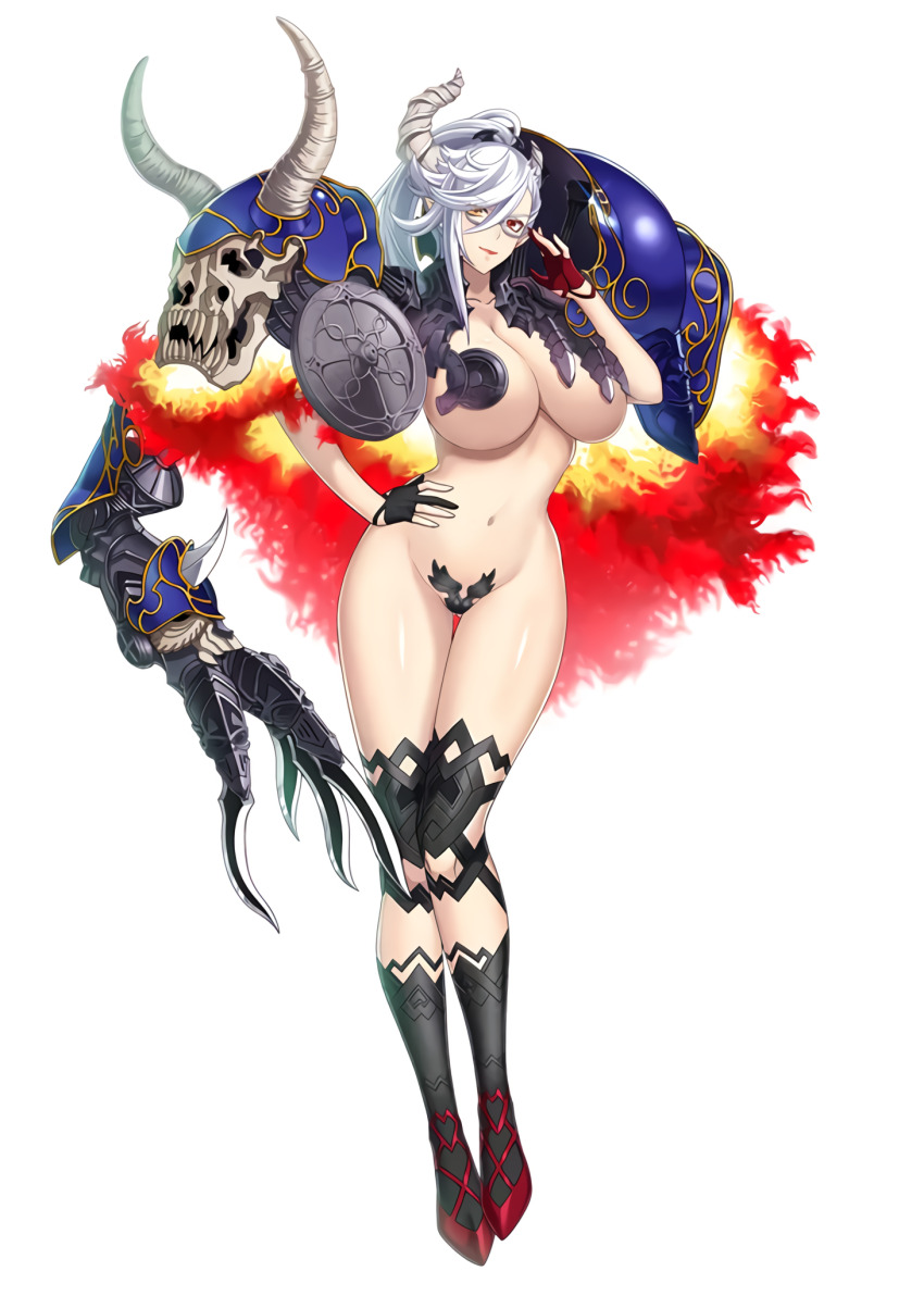 1girl armor bat_hair_ornament belial_(sin_nanatsu_no_taizai) belial_(the_seven_deadly_sins) black_gloves black_socks breasts closed_mouth collarbone demon_girl demon_horns fire full_body glasses gloves gluteal_fold groin hair_between_eyes hair_ornament heterochromia highres horns huge_breasts kneehighs leg_warmers legs_apart looking_at_viewer maebari midriff monster_girl navel nishii_(damnedrive) official_art partially_fingerless_gloves pauldrons pointy_ears red_eyes red_lips revealing_clothes scan shoulder_armor simple_background sin_nanatsu_no_taizai smile socks solo standing stomach the_seven_deadly_sins thigh_gap thighhighs thighs underboob white_background white_hair yellow_eyes