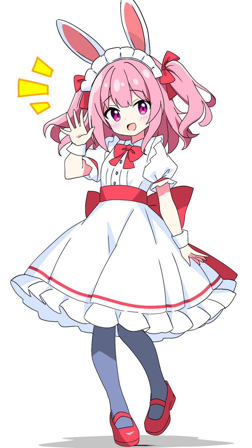 1girl :d absurdres animal_ears back_bow blush bow bowtie commentary_request dot_nose dress frilled_dress frills full_body grey_pantyhose hair_bow hair_ribbon hand_up highres kotatsu-mazoku looking_at_viewer maid_headdress mary_janes medium_hair notice_lines open_mouth original pantyhose pink_bow pink_bowtie pink_eyes pink_hair pink_shoes rabbit_ears red_ribbon ribbon salute shoes short_sleeves simple_background smile solo standing two_side_up white_background white_dress white_wrist_cuffs wrist_cuffs
