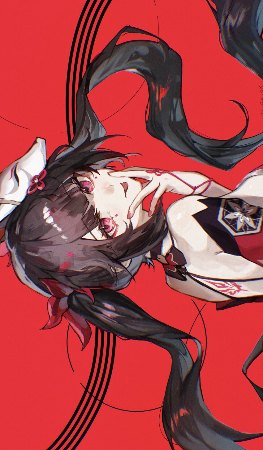 absurdres back_tattoo bare_shoulders black_hair finger_to_mouth floating_hair fox_mask highres honkai:_star_rail honkai_(series) looking_at_viewer looking_back mark_under_both_eyes mask mask_on_head purple_eyes red_background red_nails red_sleeves shiraki_(y_aira_srk) sideways simple_background sparkle_(honkai:_star_rail) tattoo twintails upper_body