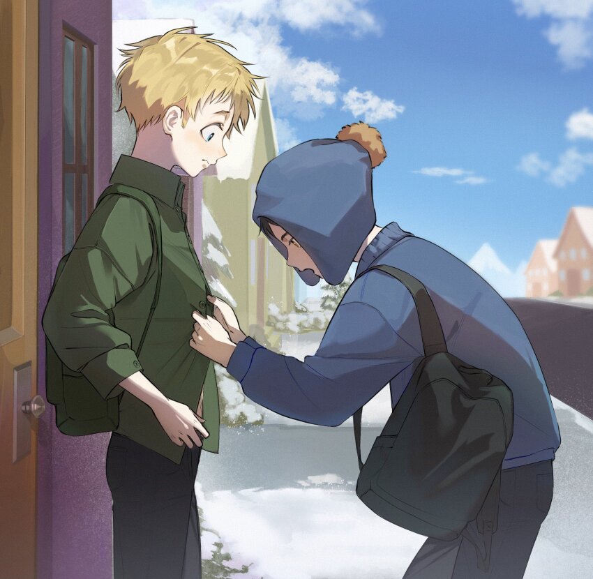 2boys animification backpack bag black_hair black_pants blonde_hair blue_eyes blue_hat blue_jacket blue_sky closed_mouth cloud cloudy_sky collared_shirt cowboy_shot craig_tucker day door green_shirt hands_up hat highres house jacket long_sleeves looking_at_another male_focus mountain multiple_boys open_mouth outdoors pants pine_tree pom_pom_(clothes) puffy_long_sleeves puffy_sleeves road shirt short_hair sky snow south_park standing tree tweek_tweak window winter wsf_8789