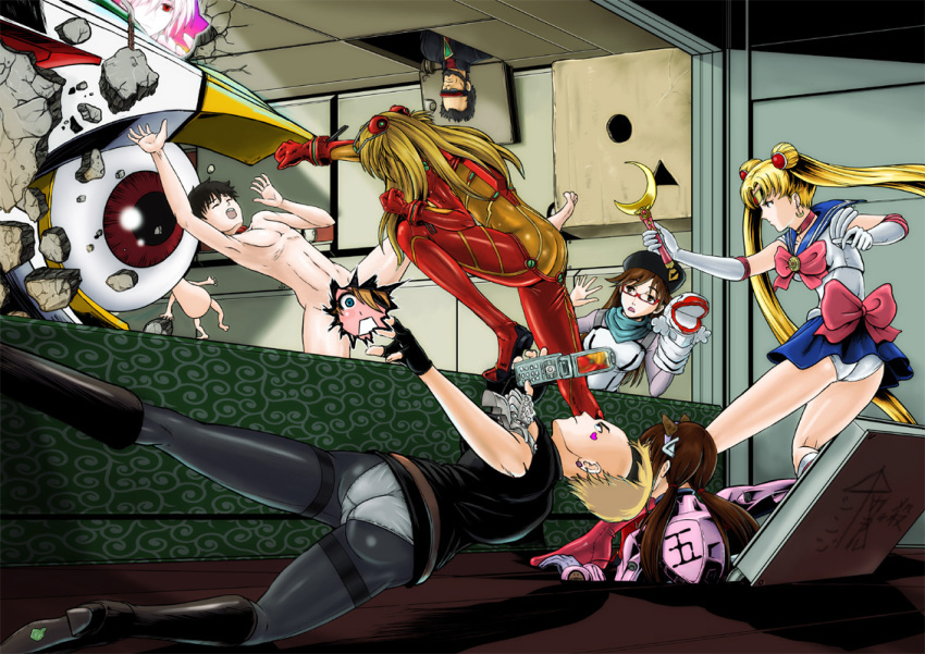 3boys 5girls against_glass akagi_ritsuko ass bishoujo_senshi_sailor_moon blonde_hair brown_hair butt_crack buttons censored cosplay destruction eva_09 evangelion:_3.0_you_can_(not)_redo expressionless eyepatch falling gegege_no_kitarou glass hairband hat holding holding_phone hood hoodie ikari_gendou ikari_shinji jacket jumping katsuragi_misato kazumina looking_at_another low_twintails magical_girl mass_production_eva mecha mecha_pilot_suit medama_oyaji multiple_boys multiple_girls nagisa_kaworu neon_genesis_evangelion panties pantyhose parody phone plugsuit_(evangelion) punching rebuild_of_evangelion robot sailor_moon sailor_moon_(cosplay) short_hair skirt souryuu_asuka_langley surprised suzuhara_sakura test_plugsuit_(evangelion) torn_clothes twintails underwear voice_actor_connection wardrobe_malfunction what white_panties
