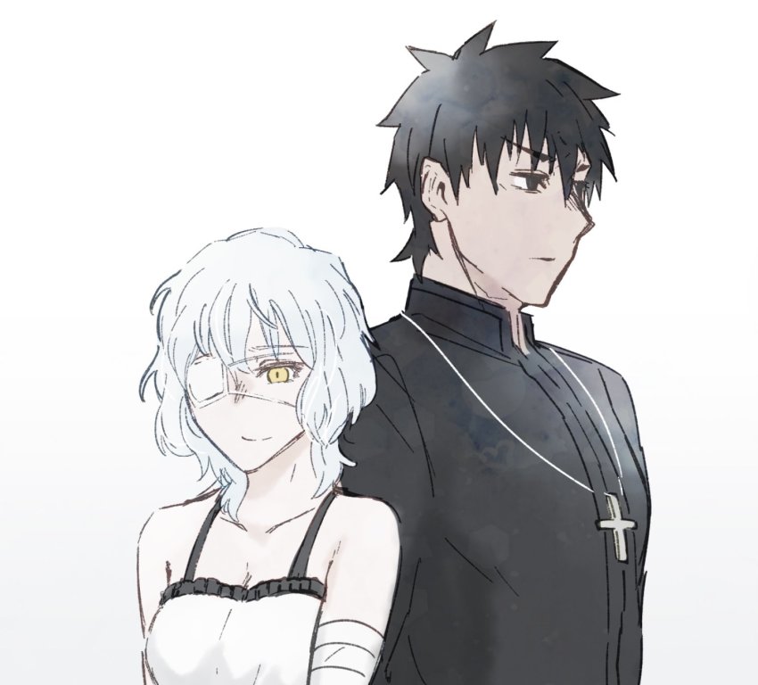 1boy 1girl aged_down bandage_over_one_eye bandaged_arm bandages bare_shoulders black_eyes black_hair claudia_hortensia commentary_request cross cross_necklace fate/stay_night fate_(series) highres jewelry kotomine_kirei necklace simple_background upper_body white_background white_hair yamano_udumi yellow_eyes