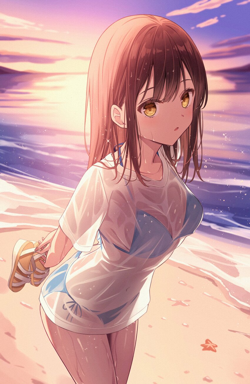 1girl absurdres beach bikini blue_bikini blush breasts brown_hair commentary_request cowboy_shot evening highres holding holding_sandals long_hair medium_breasts ocean original outdoors parted_lips sandals senri_(senri_sen) shirt short_sleeves side-tie_bikini_bottom solo starfish sunset swimsuit wet wet_clothes wet_shirt white_sandals yellow_eyes