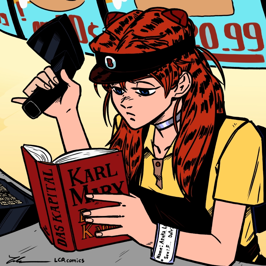 1girl absurdres apron artist_name barcode_scanner black_apron blue_eyes book commentary communism das_kapital employee_uniform english_commentary frown highres holding holding_barcode_scanner holding_book interface_headset_(evangelion) lcr_comics neon_genesis_evangelion orange_hair pinky_out polo_shirt reading signature solo souryuu_asuka_langley upper_body visor_cap wristband