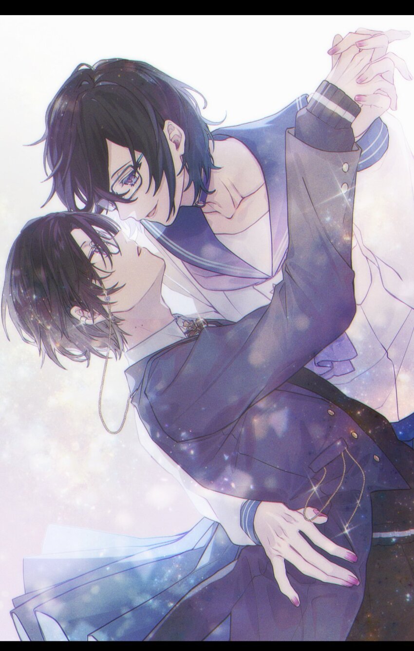 1boy 1girl arm_up black-framed_eyewear black_hair black_ribbon black_sweater blue_eyes blue_jacket blue_sailor_collar brooch buttons choker coattails collarbone collared_shirt commentary crossed_bangs dancing dual_persona ear_piercing eye_contact eyewear_strap fingernails genderswap genderswap_(mtf) glasses grey_shirt hair_between_eyes hand_on_another&#039;s_waist hand_up highres holding_hands interlocked_fingers jacket jewelry kaburagi_(pnoir087) letterboxed light_particles long_sleeves looking_at_another mole mole_on_neck multicolored_eyes nail_polish neck_ribbon neckerchief nijisanji o-ring o-ring_choker open_clothes open_jacket open_mouth parted_bangs piercing pink_nails purple_choker purple_eyes purple_neckerchief ribbon sailor_collar school_uniform seila_(shikinagi_akira) serafuku shikinagi_akira shikinagi_akira_(school_uniform) shirt short_hair sleeves_past_wrists smile sparkle sweater symbol-only_commentary virtual_youtuber white_shirt