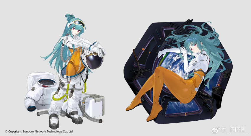 1girl aqua_hair blush bodysuit breasts closed_mouth colored_shoe_soles copyright_notice crotch_strap earpiece earth_(planet) eyewear_on_head fightlite_scr flying full_body girls&#039;_frontline gloves griffin_&amp;_kryuger_logo gun hair_bun hair_ornament headset helmet highres holding holding_helmet long_hair long_sleeves looking_at_viewer mask_pull medium_breasts multicolored_bodysuit multiple_views official_alternate_costume official_art planet purple_eyes rifle safety_glasses scr_(capriccio_of_the_pastoral_poet)_(girls&#039;_frontline) scr_(girls&#039;_frontline) sideboob sidelocks simple_background smile smile_(mm-l) solo space space_helmet spacesuit standing thighs two-tone_bodysuit watermark weapon weibo_username weibo_watermark white_bodysuit white_gloves white_helmet yellow_bodysuit