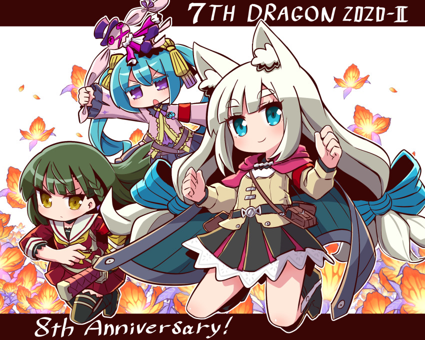 3girls 7th_dragon_(series) 7th_dragon_2020 7th_dragon_2020-ii :o anniversary black_footwear black_legwear black_skirt blue_bow blue_cape blue_eyes blue_hair boots bow braid brown_eyes brown_jacket cape character_request chelsea_(7th_dragon) closed_mouth colored_eyelashes commentary_request floro_(7th_dragon) flower green_hair hacker_(7th_dragon) hair_between_eyes hair_bow highres holding holding_stuffed_toy jacket knee_boots long_sleeves lucier_(7th_dragon) multiple_girls naga_u orange_flower pink_jacket pleated_skirt purple_eyes red_serafuku red_shirt red_skirt sailor_collar samurai_(7th_dragon) school_uniform serafuku shirt shoes short_eyebrows skirt sleeves_past_wrists smile striped_bow stuffed_animal stuffed_rabbit stuffed_toy thick_eyebrows thighhighs v-shaped_eyebrows white_hair white_sailor_collar white_shirt