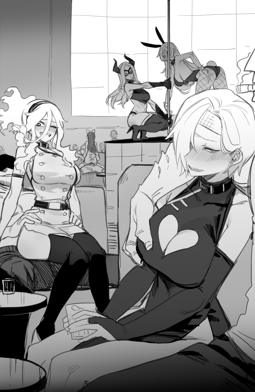 2boys 5girls ;d alcohol animal_ears bare_shoulders bent_over blush boku_no_hero_academia breasts burnin_(boku_no_hero_academia) buttons character_request choker cigarette cleavage cleavage_cutout clothing_cutout double-breasted dress earrings fishnet_pantyhose fishnets grabbing_another&#039;s_breast greyscale groping hair_between_eyes heart_cutout high_heels highres holding horns indoors jewelry large_breasts leotard monochrome mount_lady multiple_boys multiple_girls nightclub one_eye_closed open_mouth over-the-shoulder pantyhose playboy_bunny pole rabbit_ears ratatatat74 ryuukyuu sharp_teeth short_hair sitting sitting_on_lap sitting_on_person sketch smile smoke squatting stage straddling stripper_pole table teeth thighhighs turtleneck turtleneck_dress upright_straddle