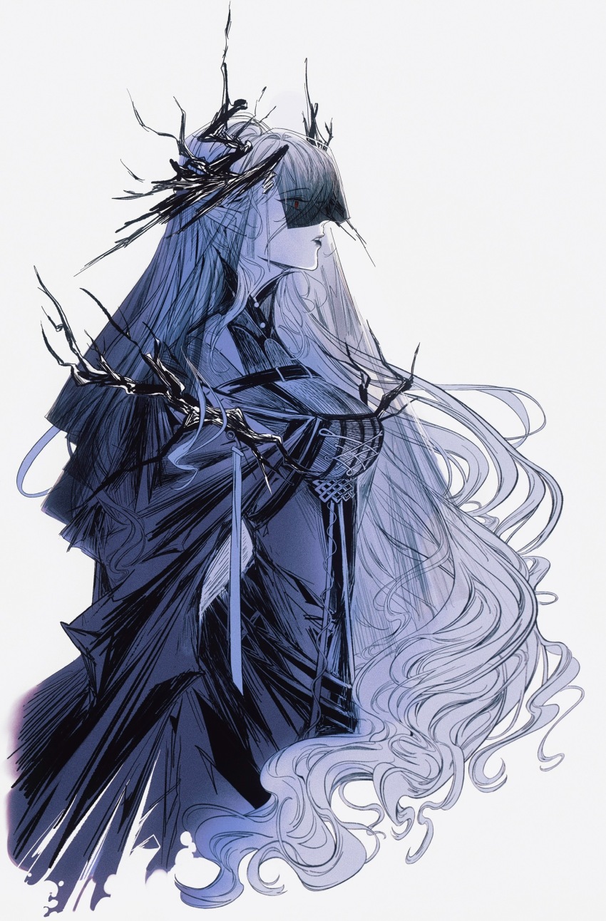 1girl arknights black_wings breasts chinese_commentary cleavage commentary covered_eyes cropped_torso curly_hair dress from_side grey_background head_wings highres horns laqeramaline_(arknights) limited_palette long_hair looking_ahead parted_lips pointy_ears profile red_eyes simple_background solo upper_body veil very_long_hair white_hair wings xiaolu_shengjianbao