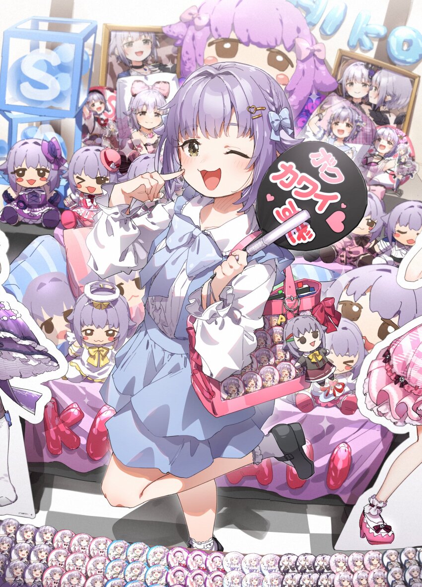 1girl absurdres badge bag bag_charm balloon black_shoes blue_bow blue_bowtie blue_skirt bow bowtie brown_eyes button_badge cardboard_cutout center_frills character_doll character_name character_print charm_(object) checkered_floor chibigurumi couch dakimakura_(object) frilled_shirt frilled_shirt_collar frilled_sleeves frilled_socks frills hair_bow hair_ornament hairclip hand_fan hand_fan_writing heart heart_hair_ornament high-waist_skirt highres holding holding_fan idolmaster idolmaster_cinderella_girls indoors koshimizu_sachiko layered_skirt leg_up long_sleeves looking_at_viewer mary_janes merchandise narcissism one_eye_closed open_mouth picture_frame pillow pink_bag pointing pointing_at_self purple_hair shirt shoes shoulder_bag skirt smile socks solo suspender_skirt suspenders white_shirt white_socks yukie_(kusaka_shi)