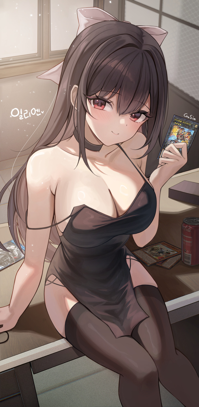 1girl absurdres armpit_crease bare_arms bare_shoulders black_choker black_dress black_hair bow breasts brown_thighhighs can card choker cleavage closed_mouth coca-cola collarbone commentary_request commission dress drink_can feet_out_of_frame gusim hair_bow hand_up highres holding holding_card illien_(illien) korean_commentary large_breasts long_hair looking_at_viewer original pelvic_curtain playing_card red_eyes short_dress sidelocks sleeveless sleeveless_dress smile soda_can solo spaghetti_strap strap_slip thighhighs thighs veranda very_long_hair yu-gi-oh!