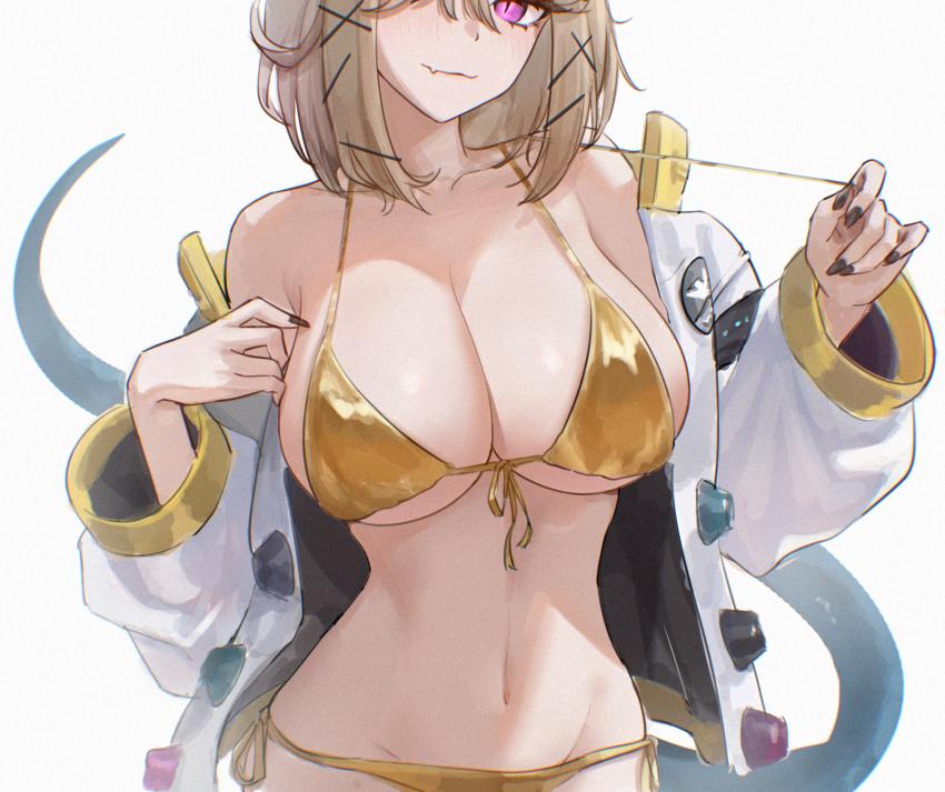 1girl absurdres arknights bare_shoulders bikini black_nails breasts c113oreo cleavage commentary dated_commentary fang fang_out film_grain fingernails front-tie_bikini_top front-tie_top gold_bikini golden_week grey_hair groin highres jacket large_breasts looking_at_viewer nail_polish navel off_shoulder purple_eyes side-tie_bikini_bottom simple_background skin_fang smile solo stomach swimsuit tail upper_body utage_(arknights) white_background white_jacket yellow_bikini