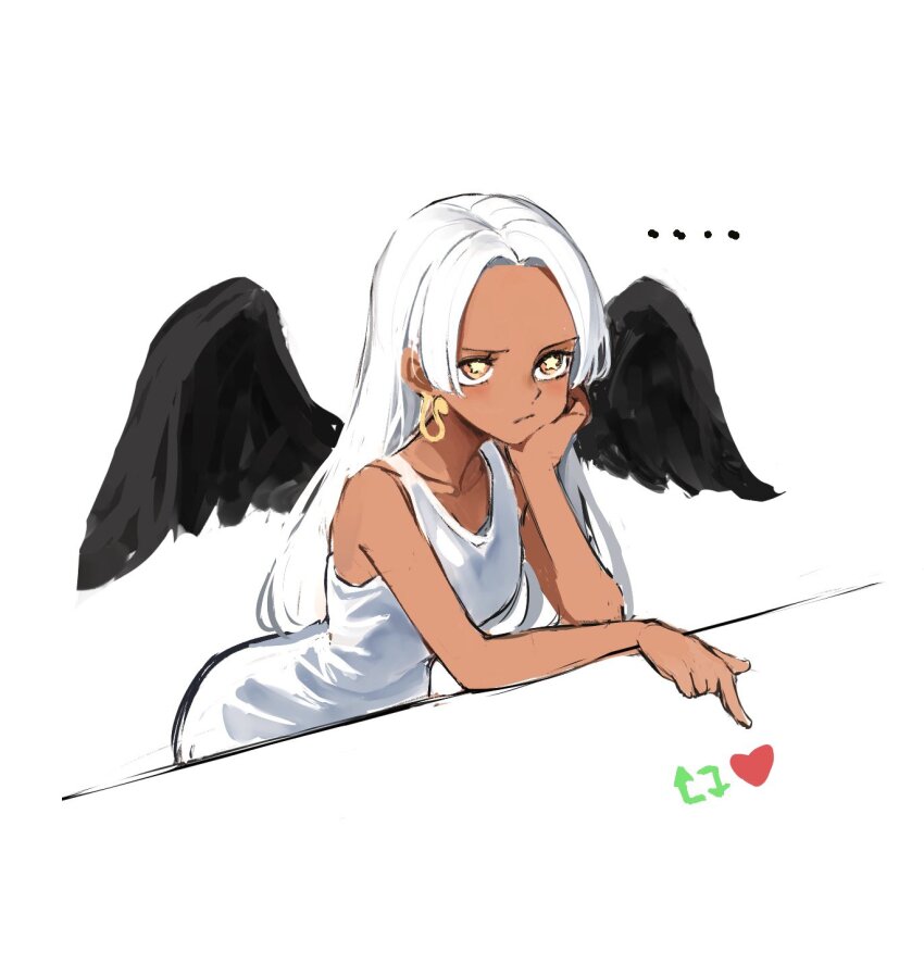 ... black_wings dark-skinned_female dark_skin dress earrings highres jewelry kasumi_6 looking_up one_piece pointing s-snake star-shaped_pupils star_(symbol) symbol-shaped_pupils white_dress white_hair wings yellow_eyes