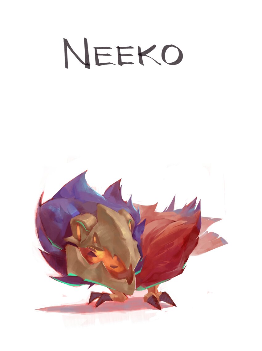 absurdres bird creature crimson_raptor_(league_of_legends) feathers fourdee highres league_of_legends neeko_(league_of_legends) no_humans open_mouth simple_background solo standing white_background