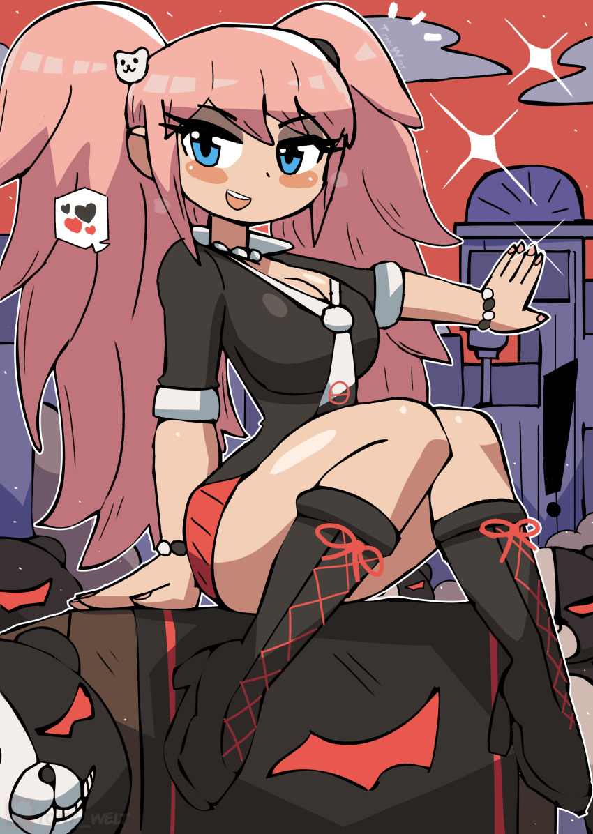 ! 1girl absurdres animal_hair_ornament arm_support bear_hair_ornament black_boots black_shirt blue_eyes blush boots bracelet breasts building choker city cleavage cloud crossover danganronpa_(series) disney enoshima_junko hair_ornament heart highres jewelry large_breasts long_hair looking_at_viewer monokuma necktie open_mouth phineas_and_ferb pink_hair red_skirt red_sky school_uniform shirt short_sleeves sitting skirt sky skyscraper smile smoke sparkle speech_bubble spoken_heart stuffed_animal stuffed_toy teddy_bear teeth thick_thighs thighs tony_welt twintails white_necktie wide_hips