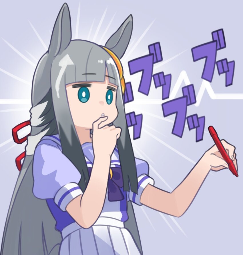 1girl animal_ears blank_eyes blunt_bangs breasts chrono_genesis_(umamusume) collarbone commentary_request hair_ornament highres hime_cut holding horse_ears horse_tail looking_at_viewer pen school_uniform simple_background small_breasts solo tail thinking tracen_school_uniform umamusume yokoji_(kodai2015)