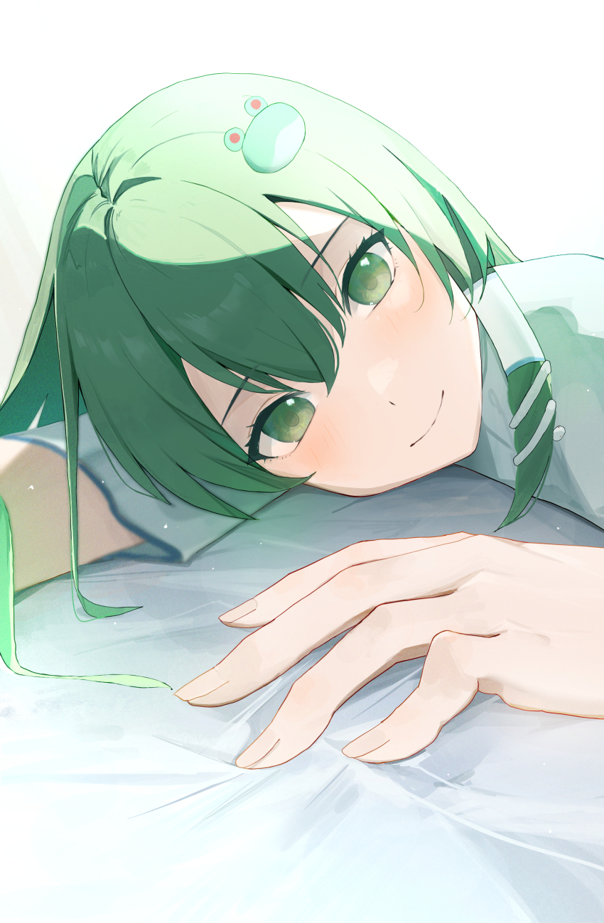 1girl absurdres fingernails frog_hair_ornament green_eyes green_hair hair_between_eyes hair_ornament highres kochiya_sanae light_blush long_hair looking_at_viewer lying on_side palulap perspective pov short_sleeves smile solo touhou upper_body