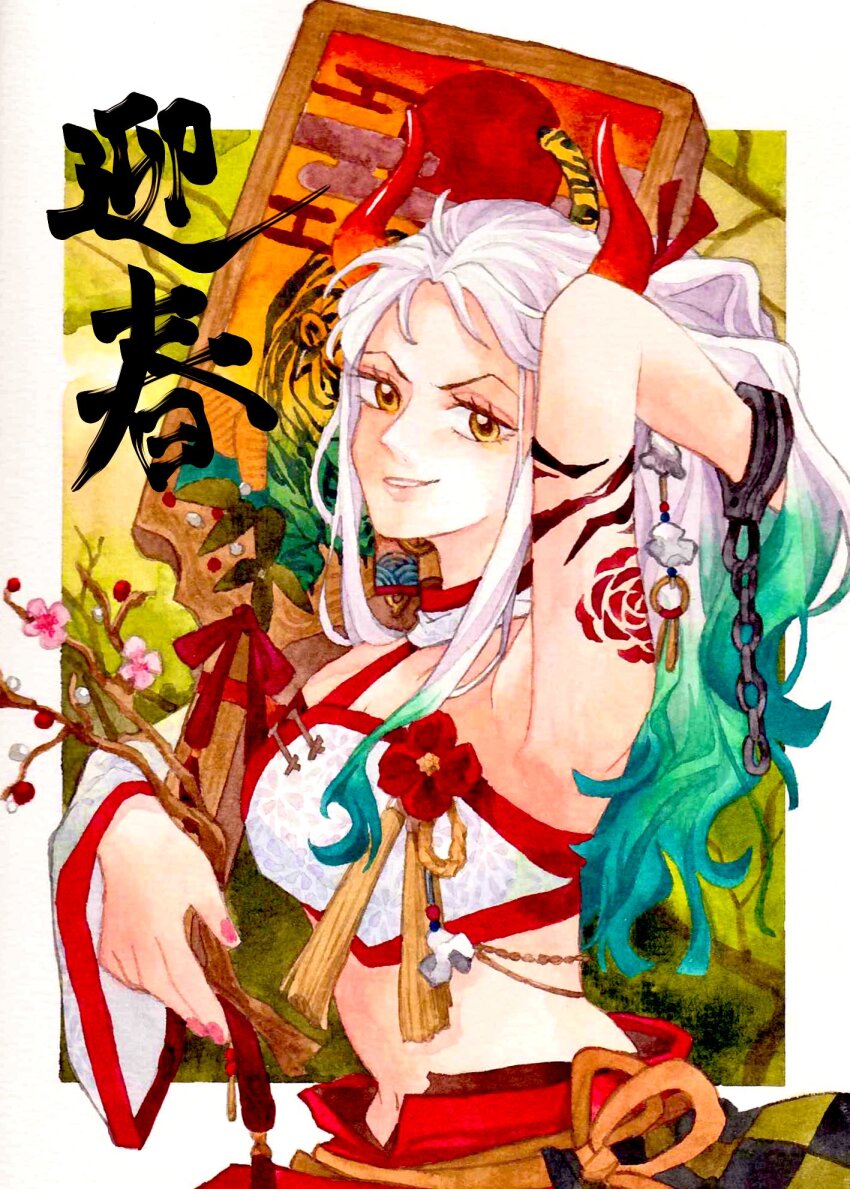 1girl aqua_hair arm_behind_head arm_tattoo commentary_request cuffs green_hair handcuffs highres holding horns looking_at_viewer one_piece pink_nails ponytail red_horns sidelocks sinoda_maru7326 smile solo stick tattoo upper_body v-shaped_eyebrows white_hair yamato_(one_piece)
